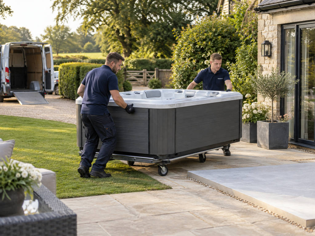 AI-generated illustration of two professionals positioning a hot tub on a trolley beside a garden patio.